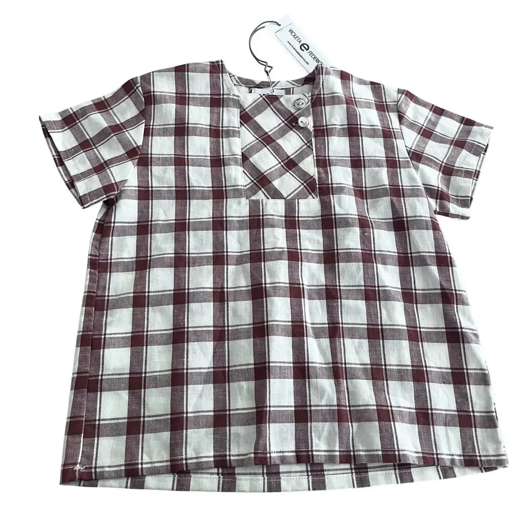 Violeta E Federico Boys Brown Plaid Linen Blend Shirt Size 3 NWT European